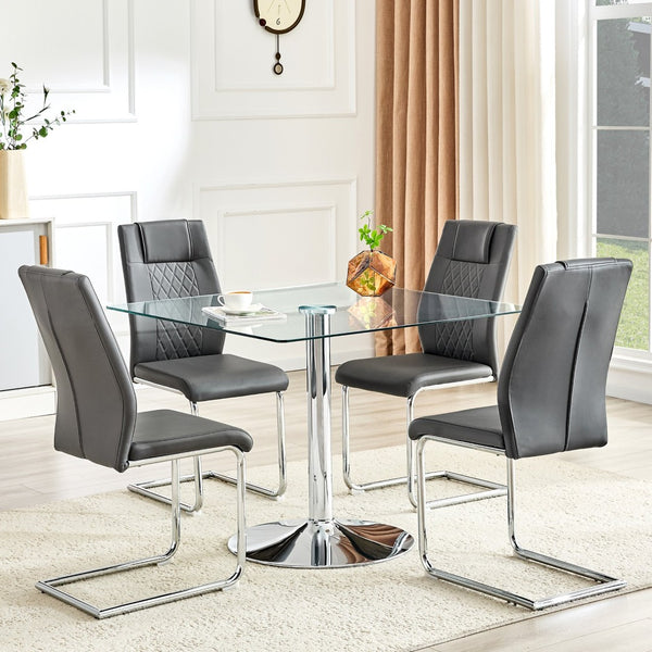 English Elm Table and Chair Set Square Tempered Glass Top Silver Pedestal Base with 4 Pu Seats Dark Gray W1151S04984