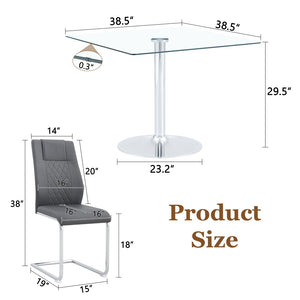 English Elm Table and Chair Set Square Tempered Glass Top Silver Pedestal Base with 4 Pu Seats Dark Gray W1151S04984