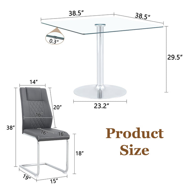 English Elm Table and Chair Set Square Tempered Glass Top Silver Pedestal Base with 4 Pu Seats Dark Gray W1151S04984