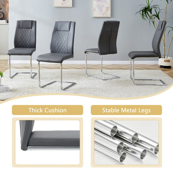 English Elm Table and Chair Set Square Tempered Glass Top Silver Pedestal Base with 4 Pu Seats Dark Gray W1151S04984