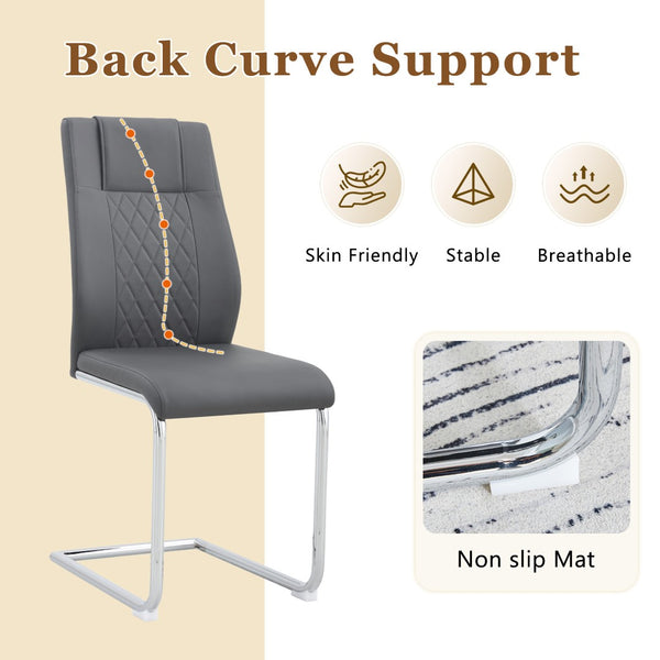 English Elm Table and Chair Set Square Tempered Glass Top Silver Pedestal Base with 4 Pu Seats Dark Gray W1151S04984