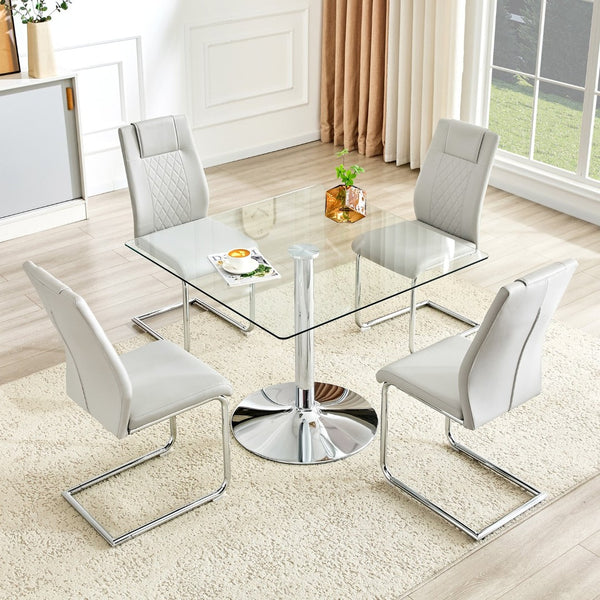 English Elm Table and Chair Set Square Tempered Glass Top Silver Pedestal Base with 4 Pu Seats Light Gray W1151S04985