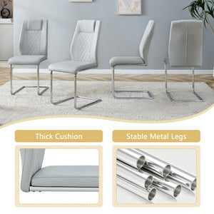 English Elm Table and Chair Set Square Tempered Glass Top Silver Pedestal Base with 4 Pu Seats Light Gray W1151S04985