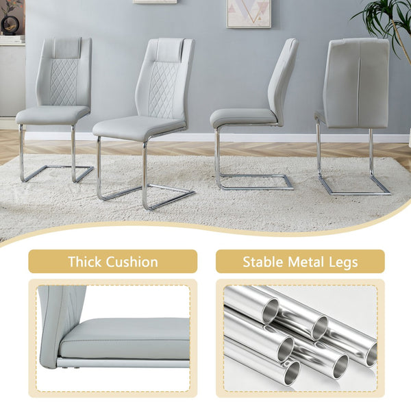 English Elm Table and Chair Set Square Tempered Glass Top Silver Pedestal Base with 4 Pu Seats Light Gray W1151S04985