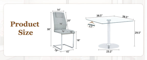 English Elm Table and Chair Set Square Tempered Glass Top Silver Pedestal Base with 4 Pu Seats Light Gray W1151S04985
