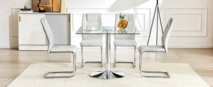English Elm Table and Chair Set Square Tempered Glass Top Silver Pedestal Base with 4 Pu Seats Light Gray W1151S04985