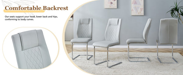 English Elm Table and Chair Set Square Tempered Glass Top Silver Pedestal Base with 4 Pu Seats Light Gray W1151S04985