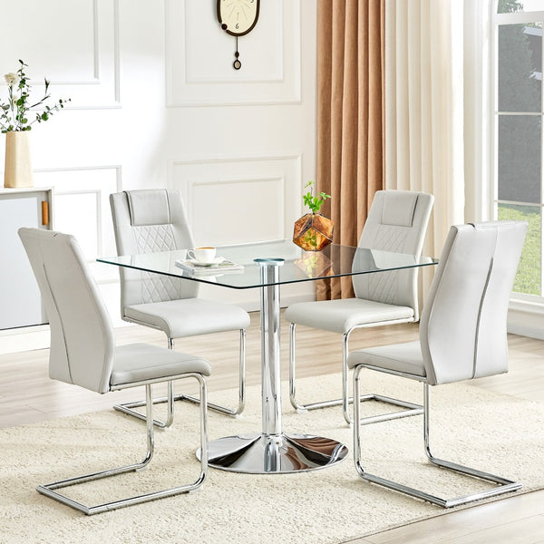 English Elm Table and Chair Set Square Tempered Glass Top Silver Pedestal Base with 4 Pu Seats Light Gray W1151S04985