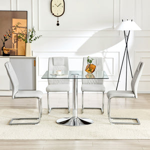 English Elm Table and Chair Set Square Tempered Glass Top Silver Pedestal Base with 4 Pu Seats Light Gray W1151S04985