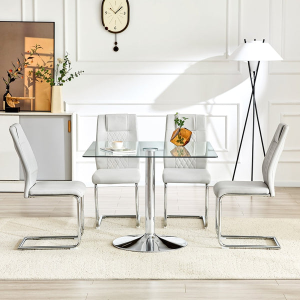 English Elm Table and Chair Set Square Tempered Glass Top Silver Pedestal Base with 4 Pu Seats Light Gray W1151S04985