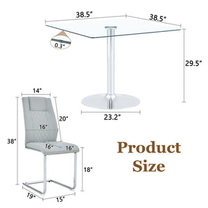 English Elm Table and Chair Set Square Tempered Glass Top Silver Pedestal Base with 4 Pu Seats Light Gray W1151S04985