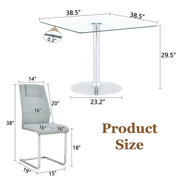 English Elm Table and Chair Set Square Tempered Glass Top Silver Pedestal Base with 4 Pu Seats Light Gray W1151S04985