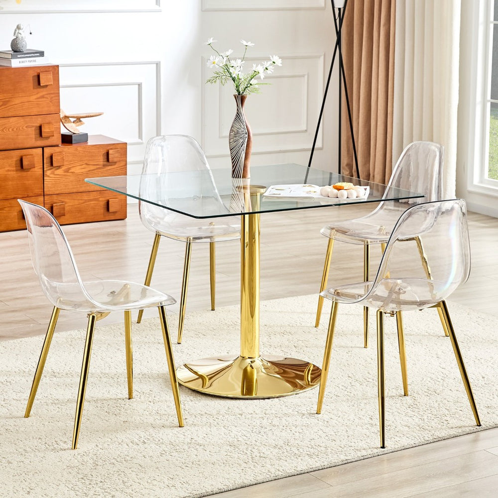 English Elm Table and Chair Set Square Tempered Glass Top Gold Pillar Base with Four Clear Seats W1151S04987