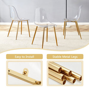 English Elm Table and Chair Set Square Tempered Glass Top Gold Pillar Base with Four Clear Seats W1151S04987