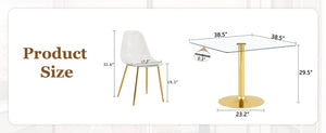 English Elm Table and Chair Set Square Tempered Glass Top Gold Pillar Base with Four Clear Seats W1151S04987