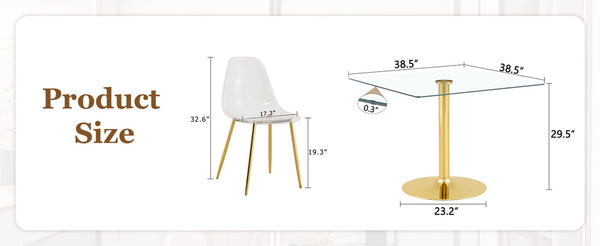 English Elm Table and Chair Set Square Tempered Glass Top Gold Pillar Base with Four Clear Seats W1151S04987
