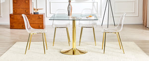 English Elm Table and Chair Set Square Tempered Glass Top Gold Pillar Base with Four Clear Seats W1151S04987