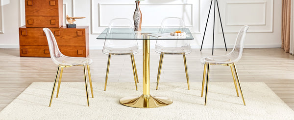 English Elm Table and Chair Set Square Tempered Glass Top Gold Pillar Base with Four Clear Seats W1151S04987