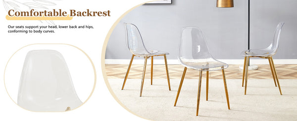 English Elm Table and Chair Set Square Tempered Glass Top Gold Pillar Base with Four Clear Seats W1151S04987