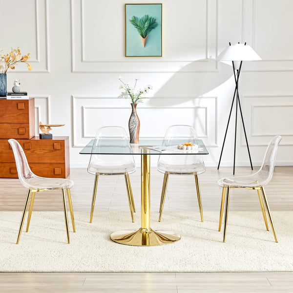 English Elm Table and Chair Set Square Tempered Glass Top Gold Pillar Base with Four Clear Seats W1151S04987