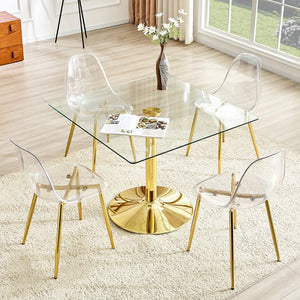 English Elm Table and Chair Set Square Tempered Glass Top Gold Pillar Base with Four Clear Seats W1151S04987