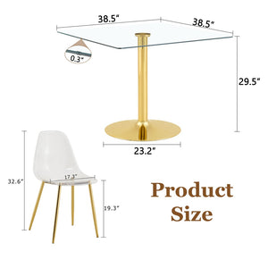 English Elm Table and Chair Set Square Tempered Glass Top Gold Pillar Base with Four Clear Seats W1151S04987