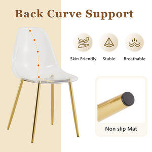 English Elm Table and Chair Set Square Tempered Glass Top Gold Pillar Base with Four Clear Seats W1151S04987