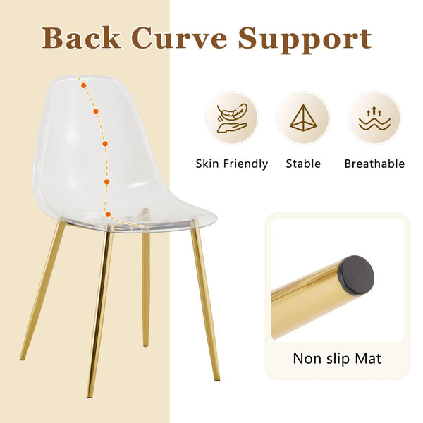 English Elm Table and Chair Set Square Tempered Glass Top Gold Pillar Base with Four Clear Seats W1151S04987