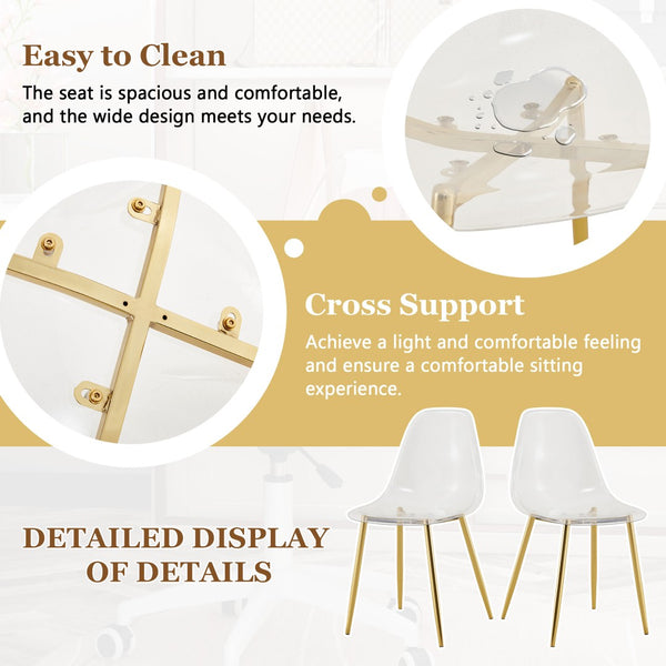 English Elm Table and Chair Set Square Tempered Glass Top Gold Pillar Base with Four Clear Seats W1151S04987