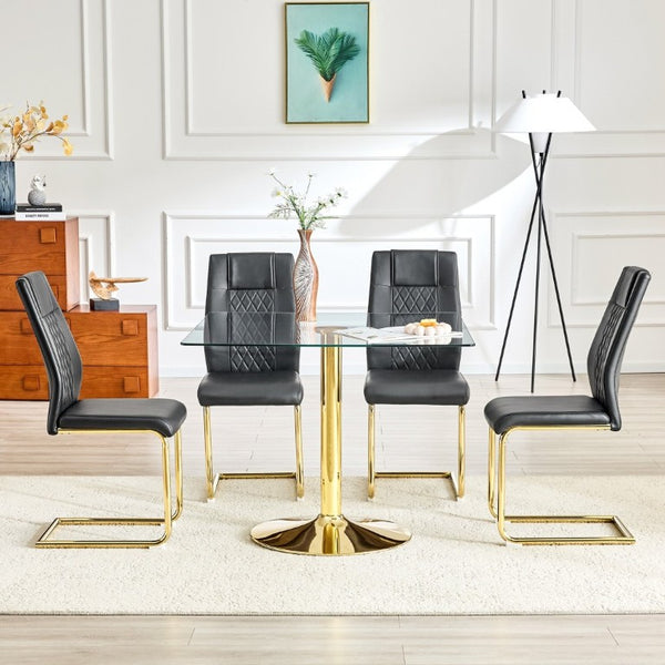 English Elm Table and Chair Set Square Tempered Glass Top Gold Base with 4 PU Leather Seats W1151S04988
