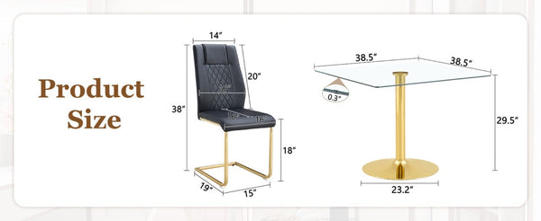 English Elm Table and Chair Set Square Tempered Glass Top Gold Base with 4 PU Leather Seats W1151S04988