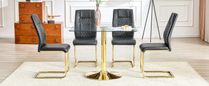 English Elm Table and Chair Set Square Tempered Glass Top Gold Base with 4 PU Leather Seats W1151S04988