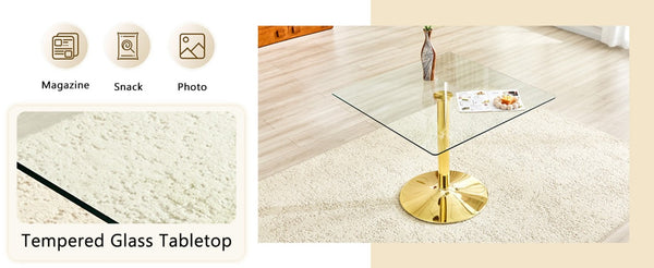 English Elm Table and Chair Set Square Tempered Glass Top Gold Base with 4 PU Leather Seats W1151S04988