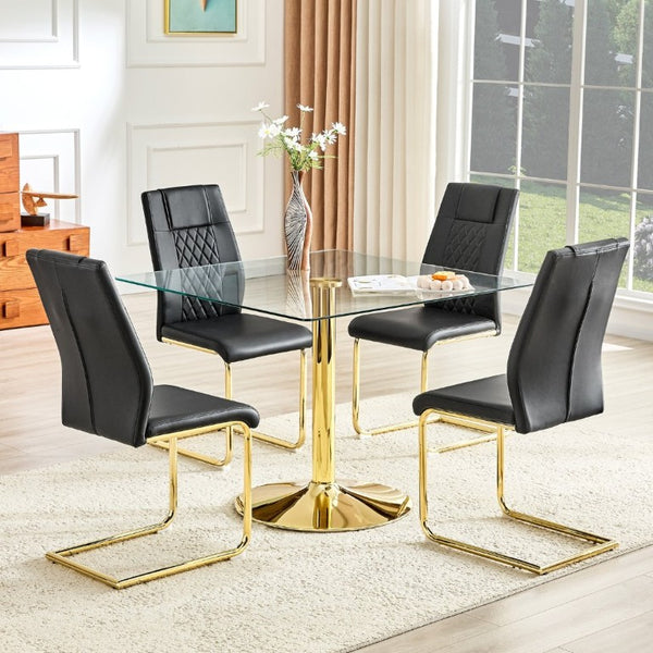 English Elm Table and Chair Set Square Tempered Glass Top Gold Base with 4 PU Leather Seats W1151S04988