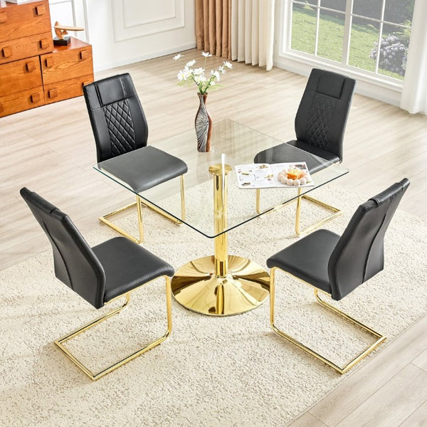 English Elm Table and Chair Set Square Tempered Glass Top Gold Base with 4 PU Leather Seats W1151S04988