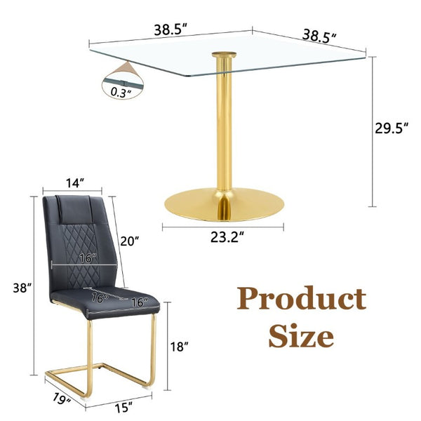 English Elm Table and Chair Set Square Tempered Glass Top Gold Base with 4 PU Leather Seats W1151S04988