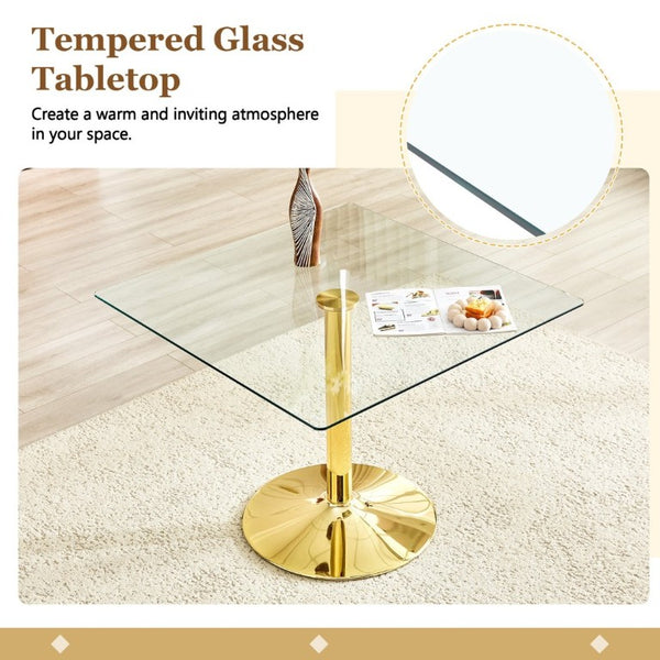 English Elm Table and Chair Set Square Tempered Glass Top Gold Base with 4 PU Leather Seats W1151S04988