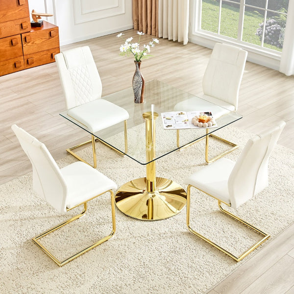 English Elm Table and Chair Set Square Tempered Glass Top Gold Base with Four Pu Dining Seats W1151S04990