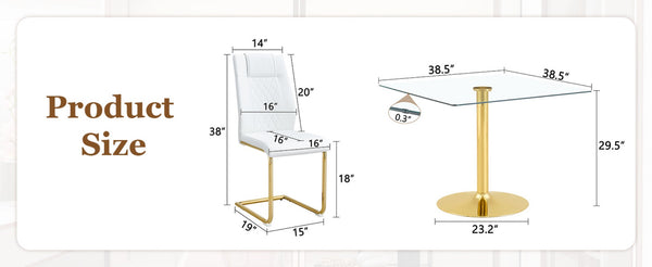 English Elm Table and Chair Set Square Tempered Glass Top Gold Base with Four Pu Dining Seats W1151S04990