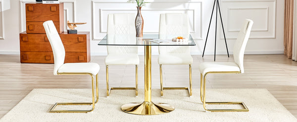English Elm Table and Chair Set Square Tempered Glass Top Gold Base with Four Pu Dining Seats W1151S04990