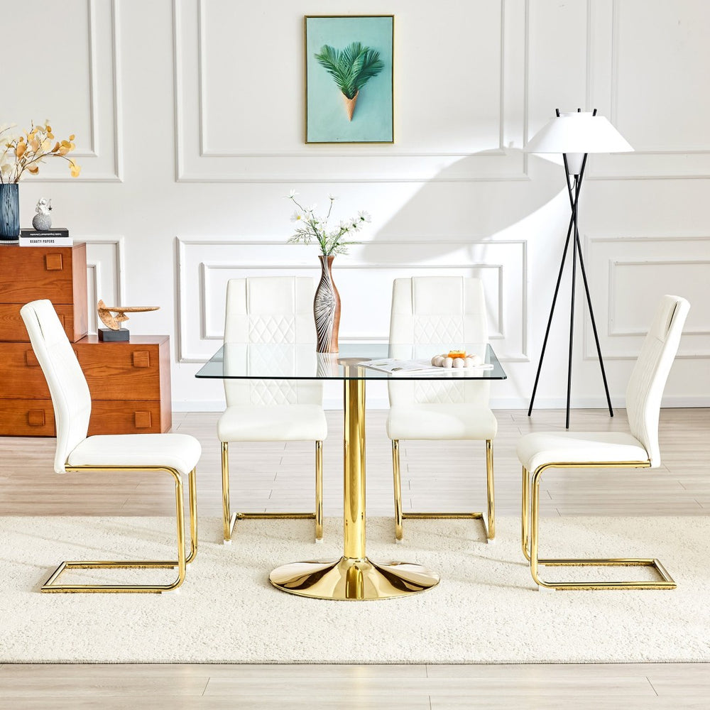 English Elm Table and Chair Set Square Tempered Glass Top Gold Base with Four Pu Dining Seats W1151S04990