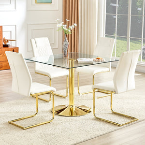 English Elm Table and Chair Set Square Tempered Glass Top Gold Base with Four Pu Dining Seats W1151S04990