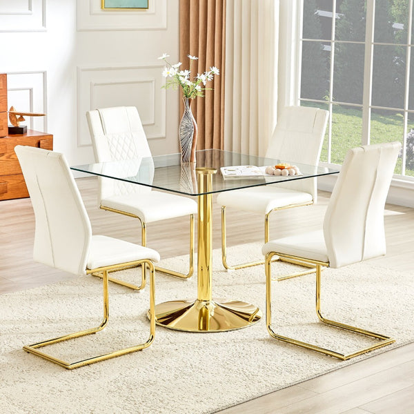 English Elm Table and Chair Set Square Tempered Glass Top Gold Base with Four Pu Dining Seats W1151S04990