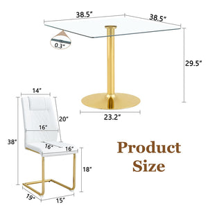 English Elm Table and Chair Set Square Tempered Glass Top Gold Base with Four Pu Dining Seats W1151S04990