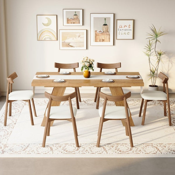 English Elm Table and Chair Set Rectangular MDF Dining Six Solid Wood Seats Curved Ergonomic Light Wood Grain W1151S04996