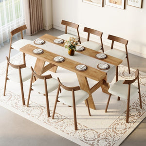 English Elm Table and Chair Set Rectangular MDF Top with Eight Solid Wood Ergonomic Dining Seats Light Wood Grain W1151S04997