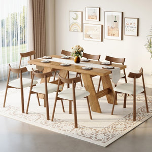English Elm Table and Chair Set Rectangular MDF Top with Eight Solid Wood Ergonomic Dining Seats Light Wood Grain W1151S04997