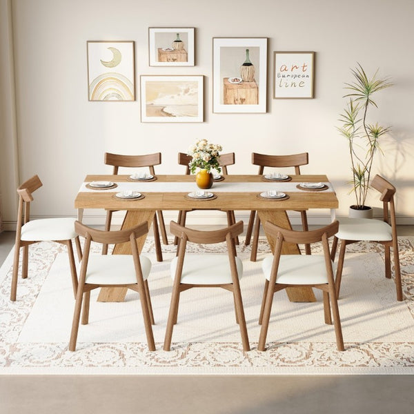 English Elm Table and Chair Set Rectangular MDF Top with Eight Solid Wood Ergonomic Dining Seats Light Wood Grain W1151S04997