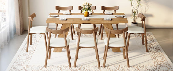 English Elm Table and Chair Set Rectangular MDF Top with Eight Solid Wood Ergonomic Dining Seats Light Wood Grain W1151S04997