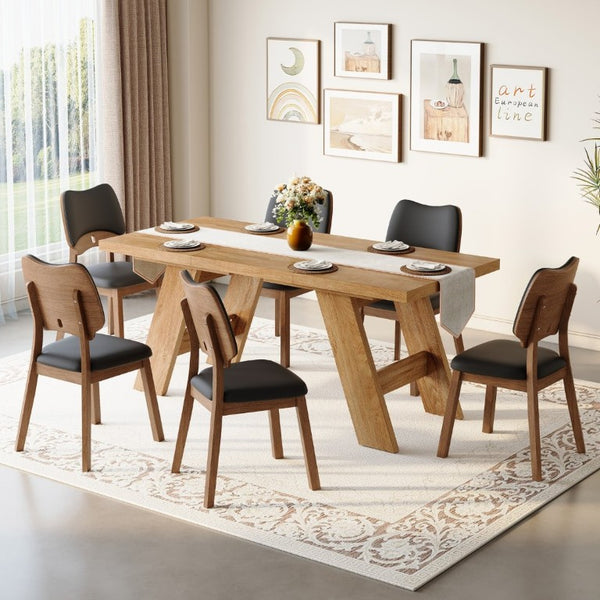 English Elm Table and Chair Set Rectangular MDF Top with Six Walnut Solid Wood Upholstered Seats Light Wood Grain Black W1151S05000